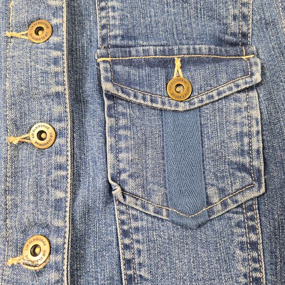 Liz Claiborne Denim Jean Jacket Knit Sleeves Shawl Collar Pocket Cuff Trim sz 14 - Picture 8 of 16